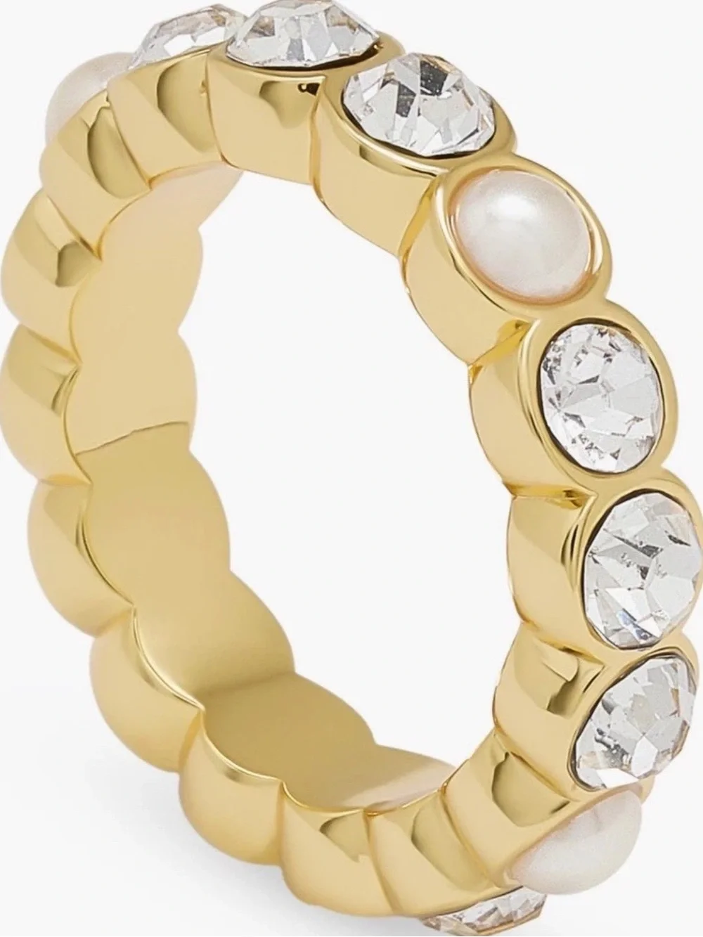 NEW KURT GEIGER LONDON Faux Pearl Crystal Goldtone Band Ring, Size 7 or 8
